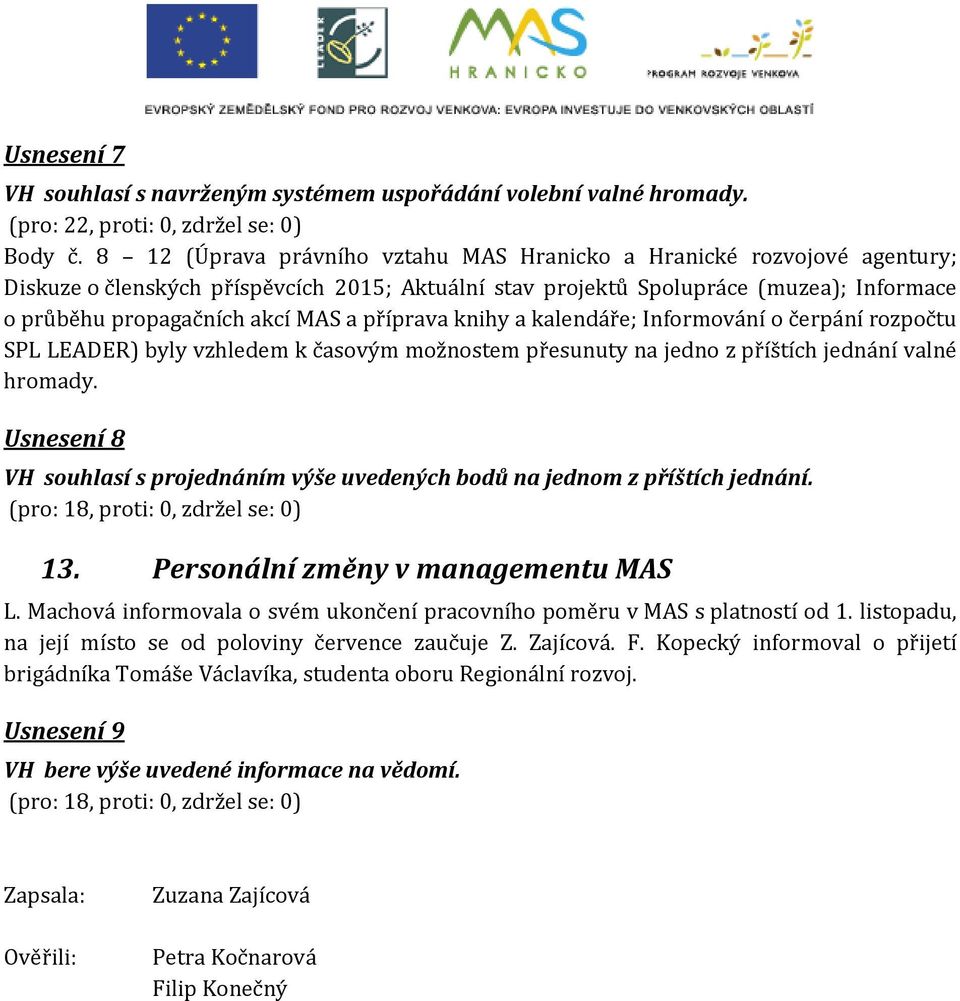 příprava knihy a kalendáře; Informování o čerpání rozpočtu SPL LEADER) byly vzhledem k časovým možnostem přesunuty na jedno z příštích jednání valné hromady.