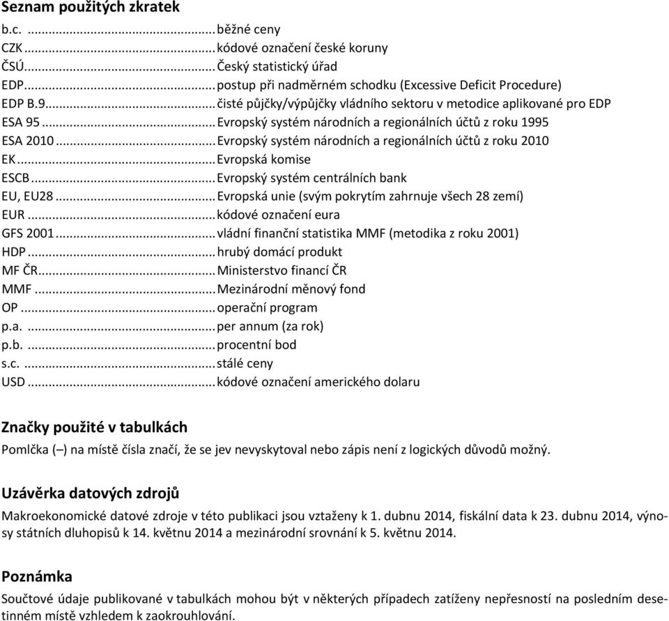 ..Evropský systém národních a regionálních účtů z roku 2010 EK...Evropská komise ESCB...Evropský systém centrálních bank EU, EU28...Evropská unie (svým pokrytím zahrnuje všech 28 zemí) EUR.