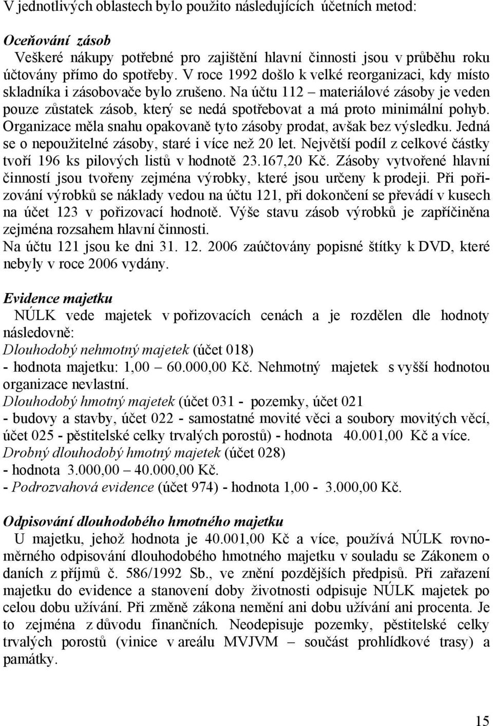 Na účtu 112 materiálové zásoby je veden pouze zůstatek zásob, který se nedá spotřebovat a má proto minimální pohyb. Organizace měla snahu opakovaně tyto zásoby prodat, avšak bez výsledku.