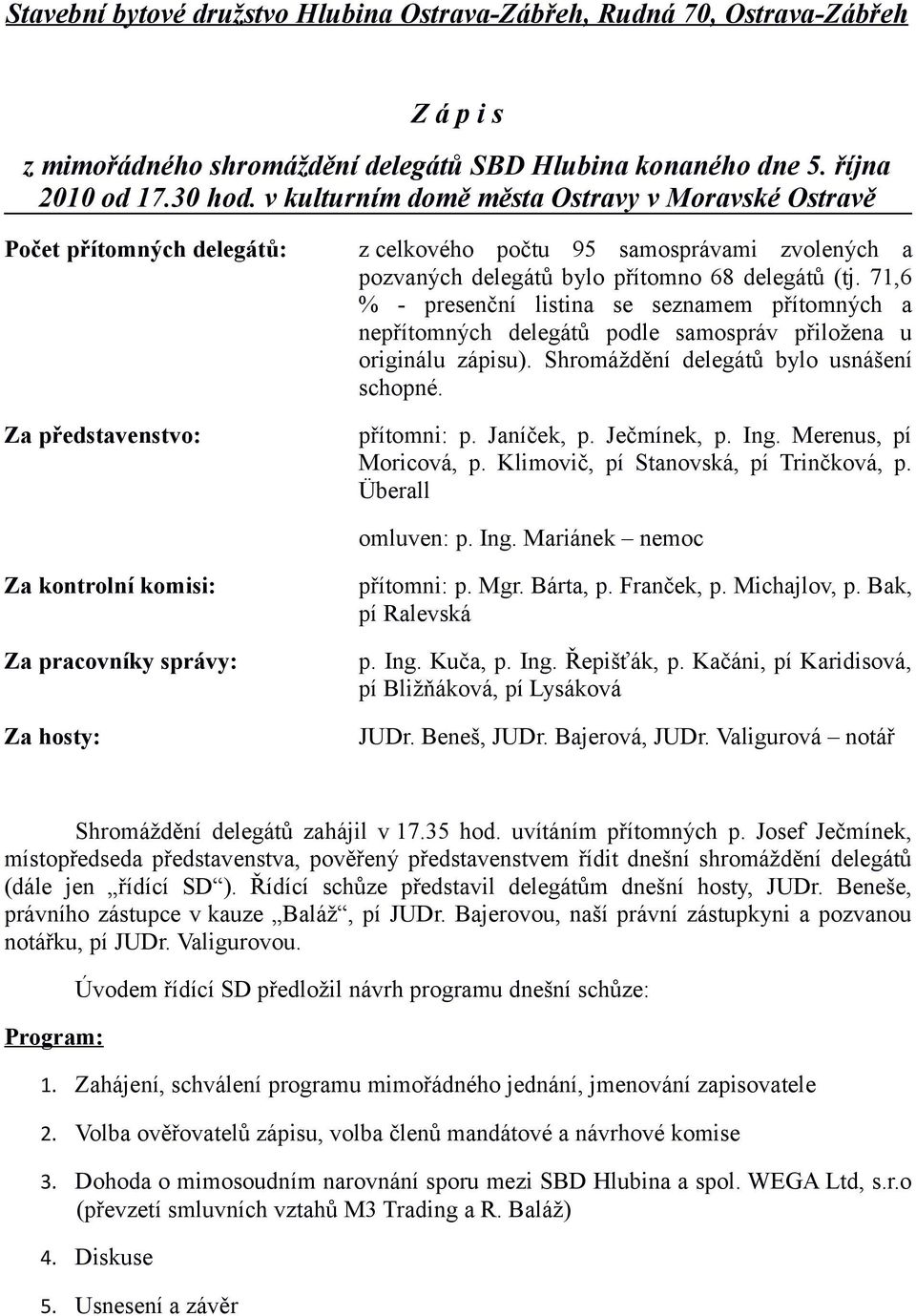 71,6 % - presenční listina se seznamem přítomných a nepřítomných delegátů podle samospráv přiložena u originálu zápisu). Shromáždění delegátů bylo usnášení schopné. přítomni: p. Janíček, p.