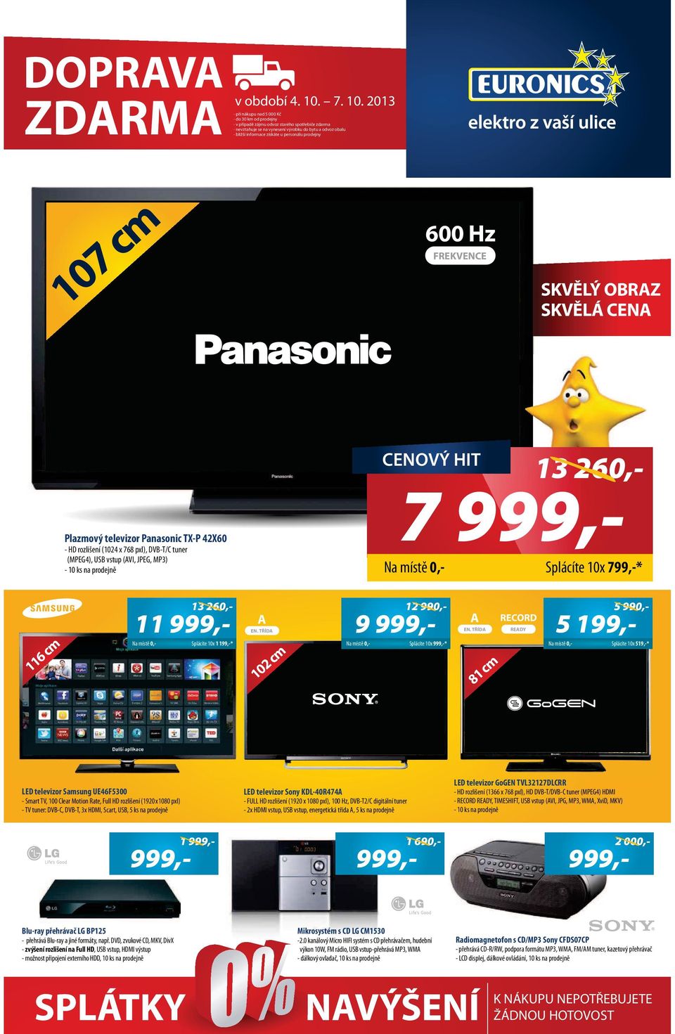 personálu prodejny m c 7 0 600 Hz FREKVENCE S SKVĚLÝ OBRZ S SKVĚLÁ CEN 7 Plazmový televizor Panasonic TX-P 42X60 - HD rozlišení (024 x 768 pxl), DVB-T/C tuner (MPEG4), USB vstup (VI, JPEG, MP3) Na