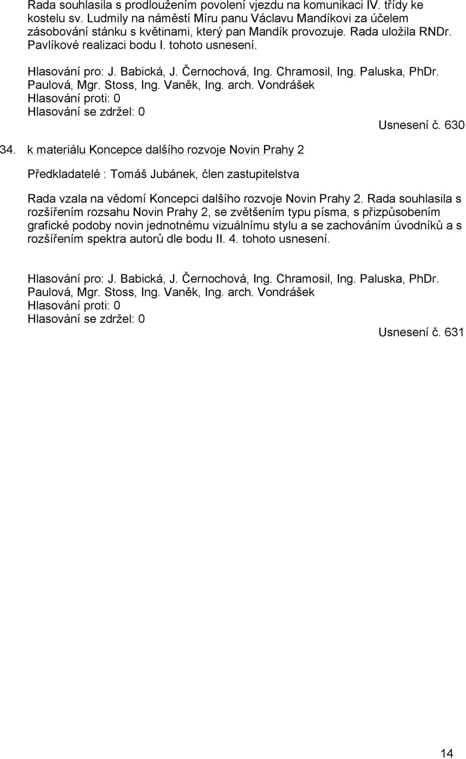 Babická, J. Černochová, Ing. Chramosil, Ing. Paluska, PhDr. Paulová, Mgr. Stoss, Ing. Vaněk, Ing. arch. Vondrášek Hlasování proti: 0 Hlasování se zdržel: 0 Usnesení č. 630 34.