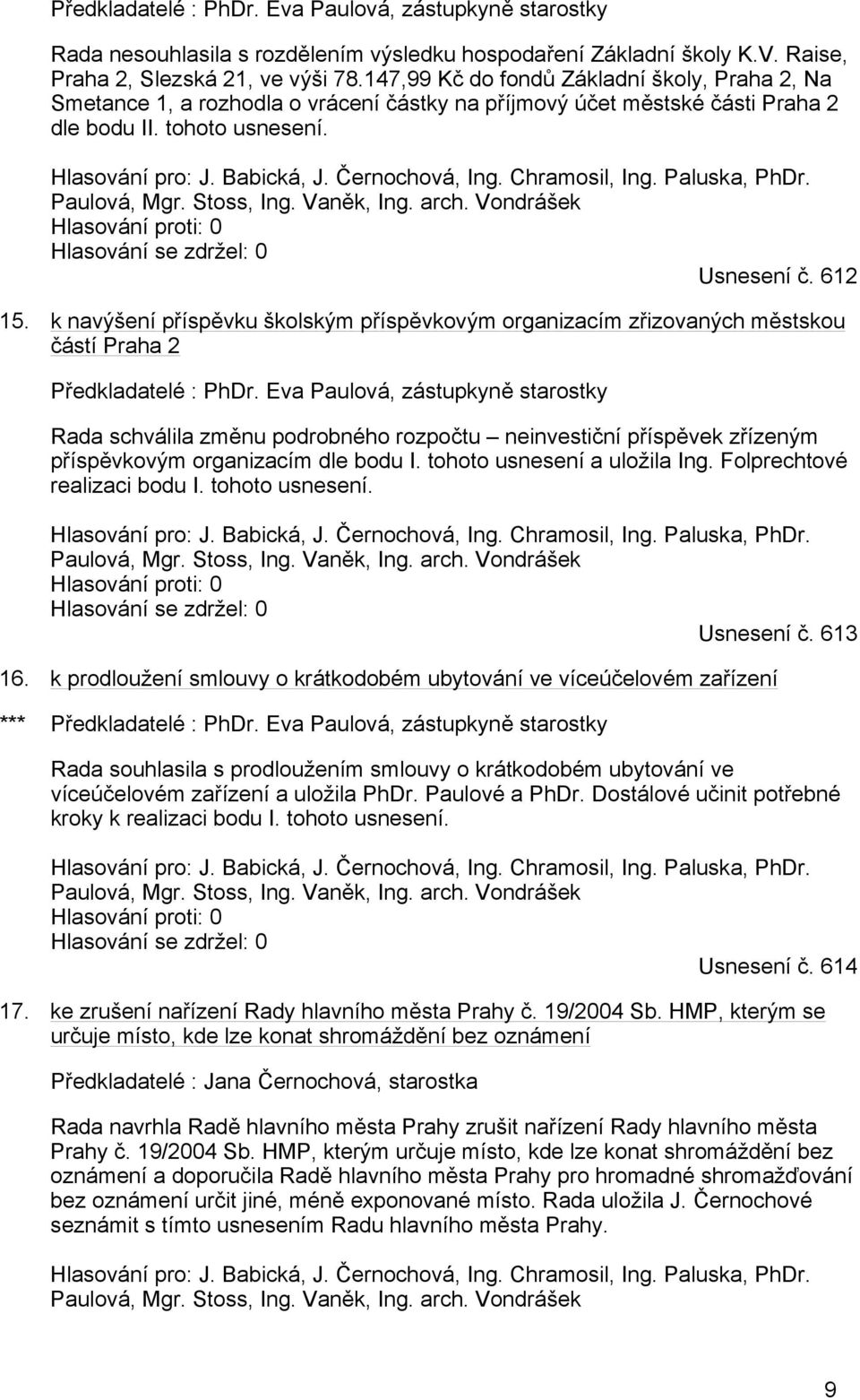 Černochová, Ing. Chramosil, Ing. Paluska, PhDr. Paulová, Mgr. Stoss, Ing. Vaněk, Ing. arch. Vondrášek Hlasování proti: 0 Hlasování se zdržel: 0 Usnesení č. 612 15.