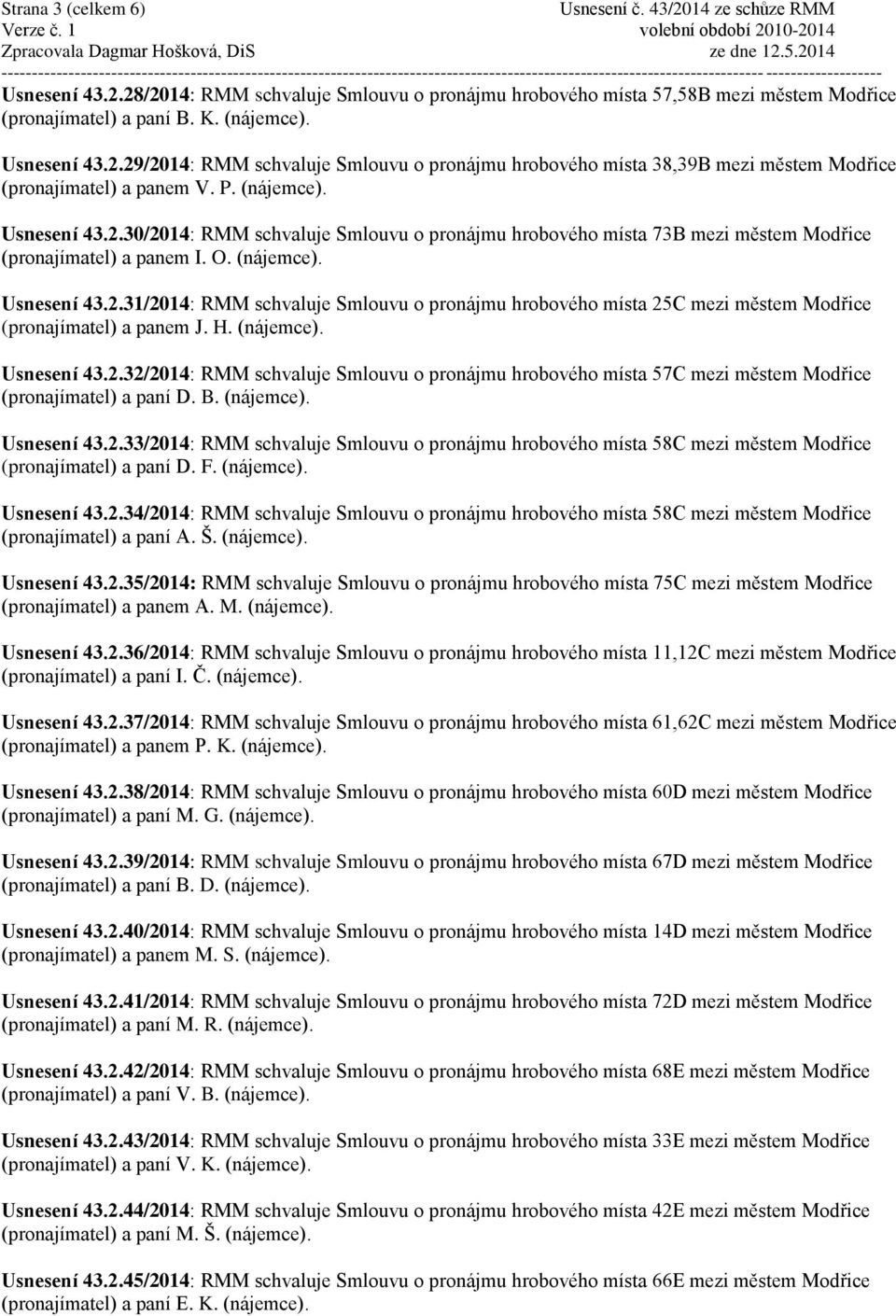 H. (nájemce). Usnesení 43.2.32/2014: RMM schvaluje Smlouvu o pronájmu hrobového místa 57C mezi městem Modřice (pronajímatel) a paní D. B. (nájemce). Usnesení 43.2.33/2014: RMM schvaluje Smlouvu o pronájmu hrobového místa 58C mezi městem Modřice (pronajímatel) a paní D.