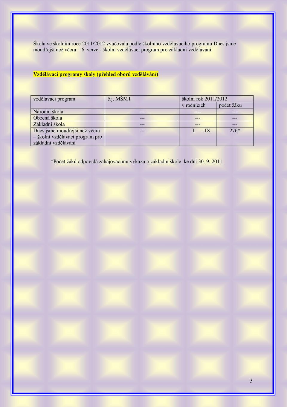 Vzdělávací programy školy (přehled oborů vzdělávání) vzdělávací program č.j.