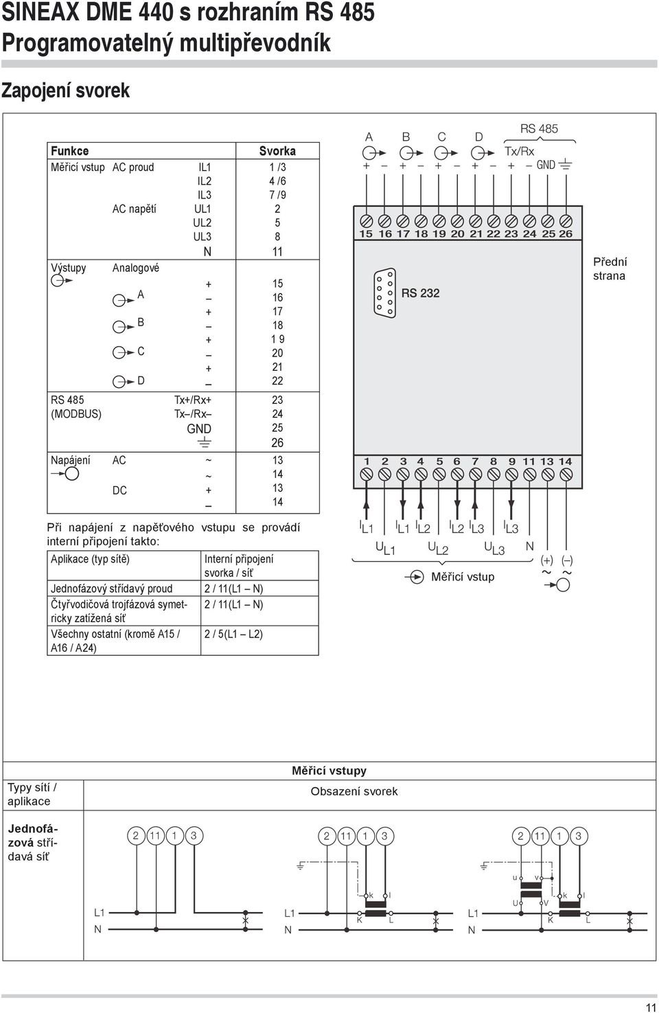 připojení takto: Aplikace (typ sítě) Interní připojení svorka / síť Jednofázový střídavý proud 2 / 11(L1 N) Čtyřvodičová trojfázová symetricky zatížená síť 2