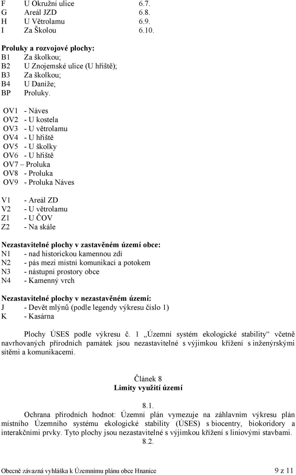 Nezastavitelné plochy v zastavěném území obce: N1 - nad historickou kamennou zdí N2 - pás mezi místní komunikací a potokem N3 - nástupní prostory obce N4 - Kamenný vrch Nezastavitelné plochy v