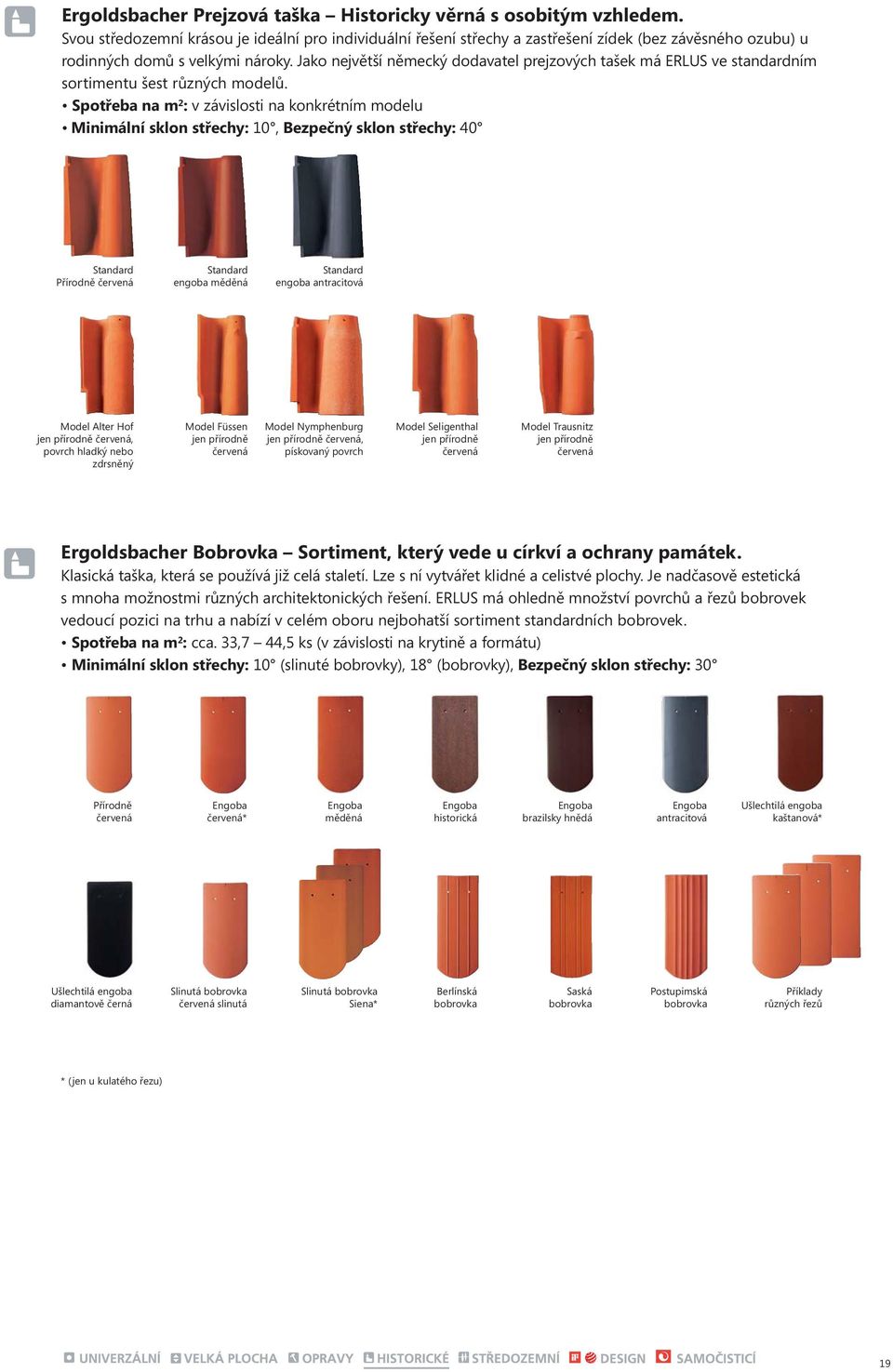 Spotřeba na m 2 : v závislosti na konkrétním modelu Minimální sklon střechy: 10, Bezpečný sklon střechy: 40 Standard Standard engoba měděná Standard engoba antracitová Model Alter Hof jen přírodně,