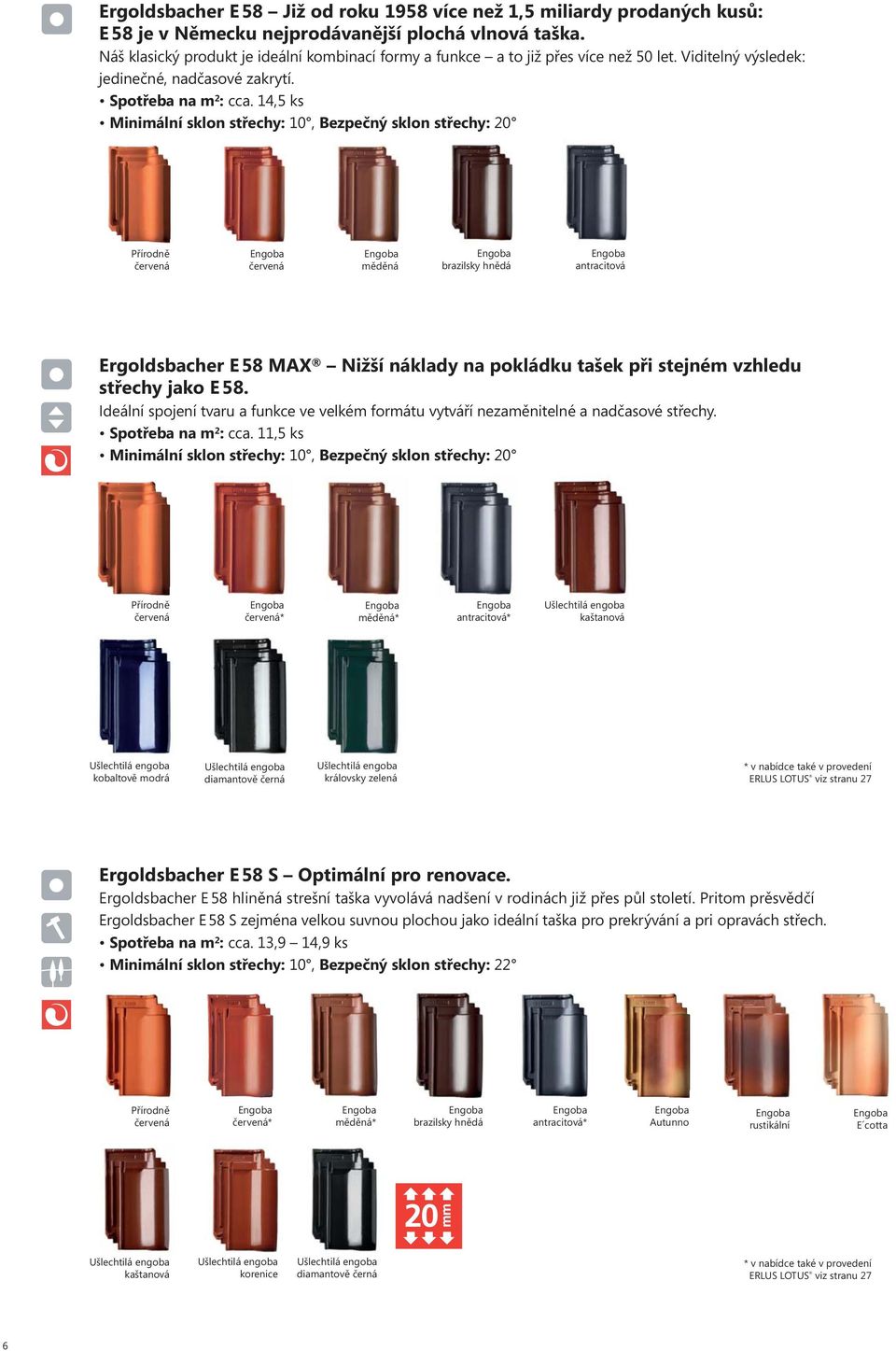 14,5 ks Minimální sklon střechy: 10, Bezpečný sklon střechy: 20 měděná brazilsky hnědá antracitová E 58 MAX Nižší náklady na pokládku tašek při stejném vzhledu střechy jako E 58.