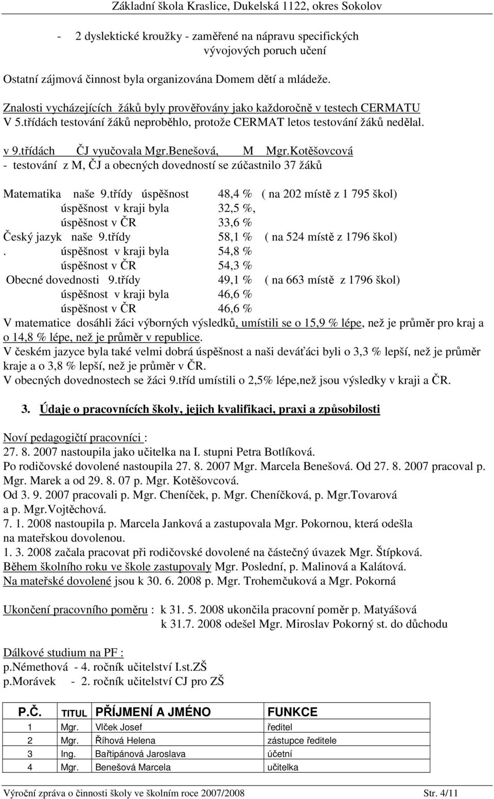 Benešová, M Mgr.Kotěšovcová - testování z M, ČJ a obecných dovedností se zúčastnilo 37 žáků Matematika naše 9.