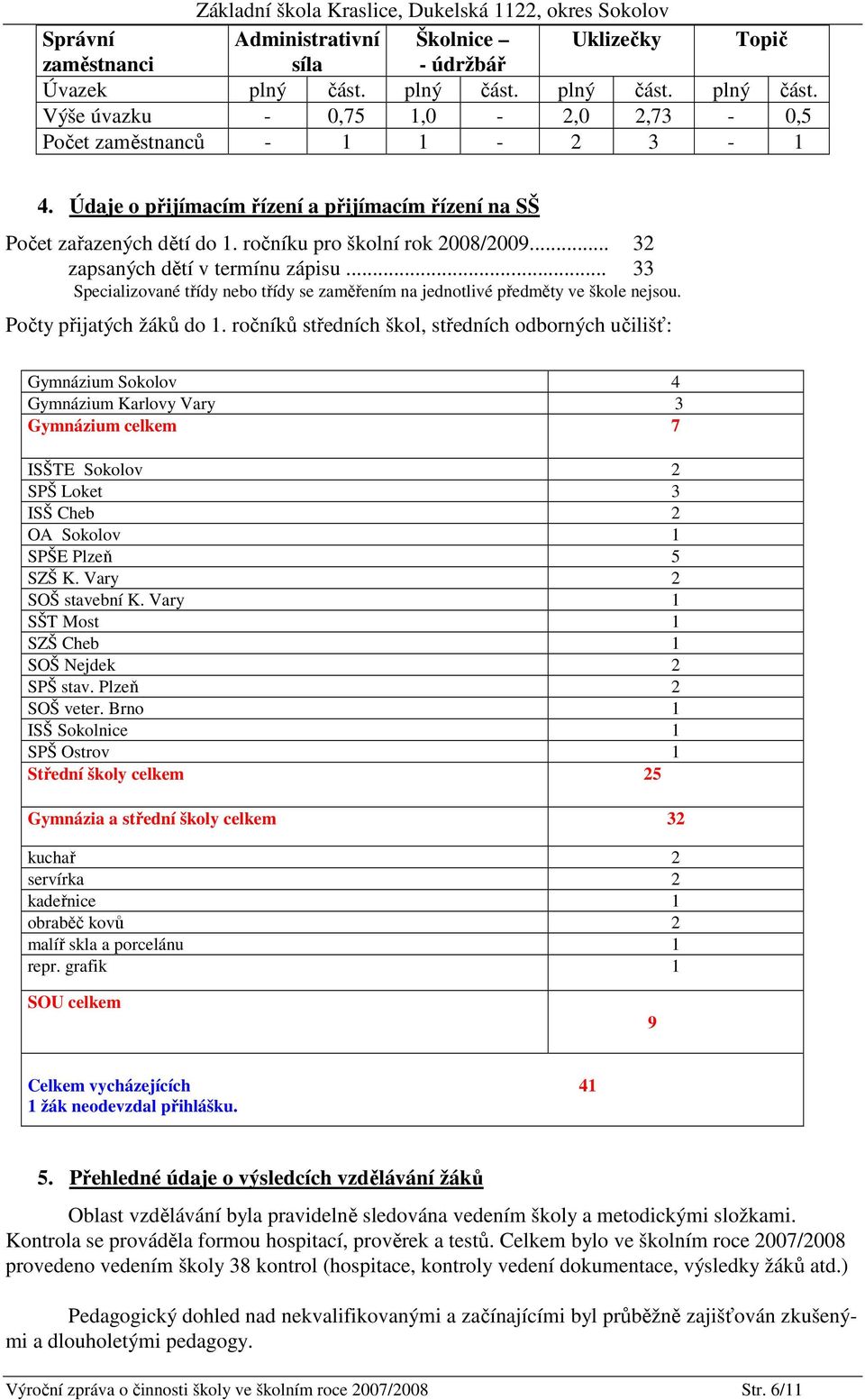 .. 33 Specializované třídy nebo třídy se zaměřením na jednotlivé předměty ve škole nejsou. Počty přijatých žáků do 1.