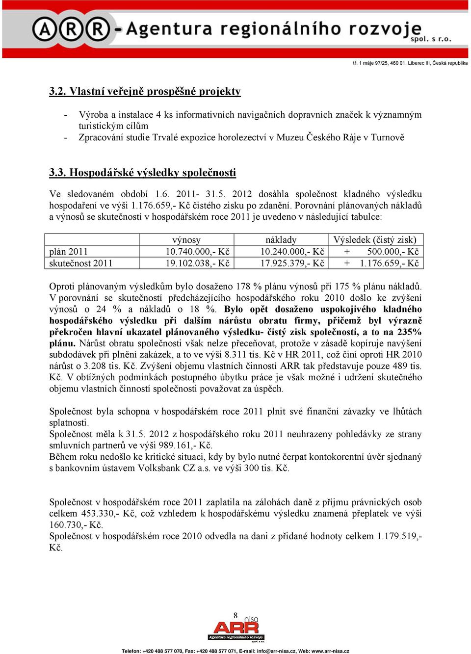 Porovnání plánovaných nákladů a výnosů se skutečností v hospodářském roce 2011 je uvedeno v následující tabulce: výnosy náklady Výsledek (čistý zisk) plán 2011 10.740.000,- Kč 10.240.000,- Kč + 500.