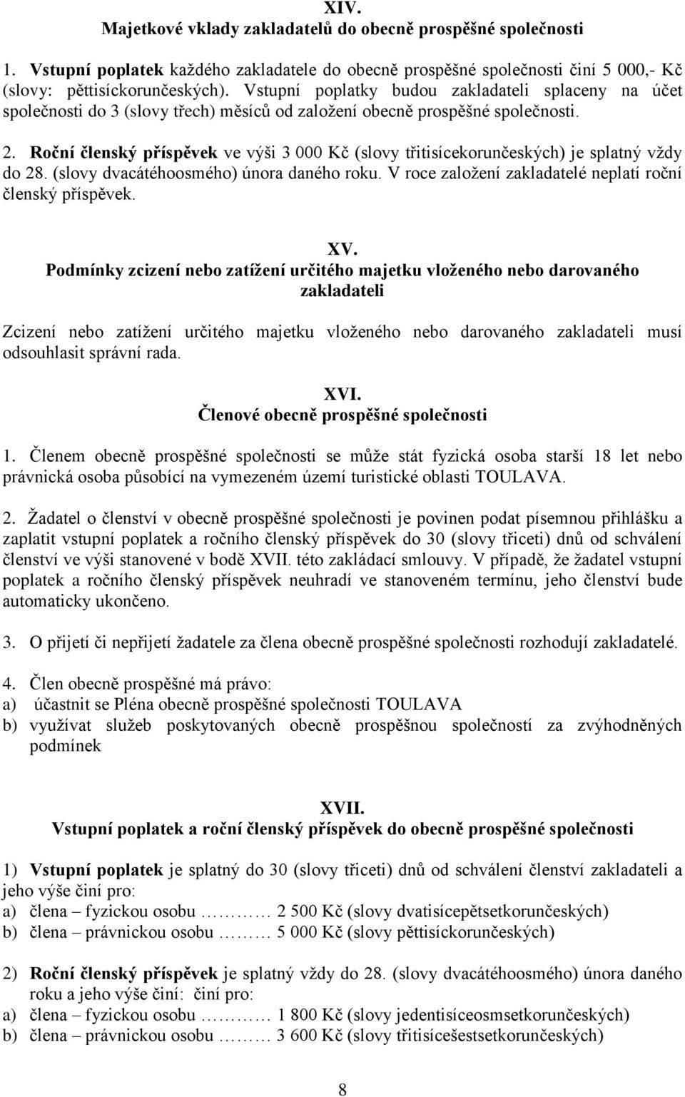 Roční členský příspěvek ve výši 3 000 Kč (slovy třitisícekorunčeských) je splatný vždy do 28. (slovy dvacátéhoosmého) února daného roku. V roce založení zakladatelé neplatí roční členský příspěvek.