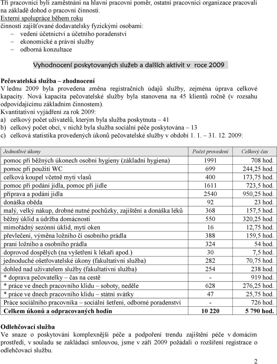 služeb a dalších aktivit v roce 2009 Pečovatelská služba zhodnocení V lednu 2009 byla provedena změna registračních údajů služby, zejména úprava celkové kapacity.