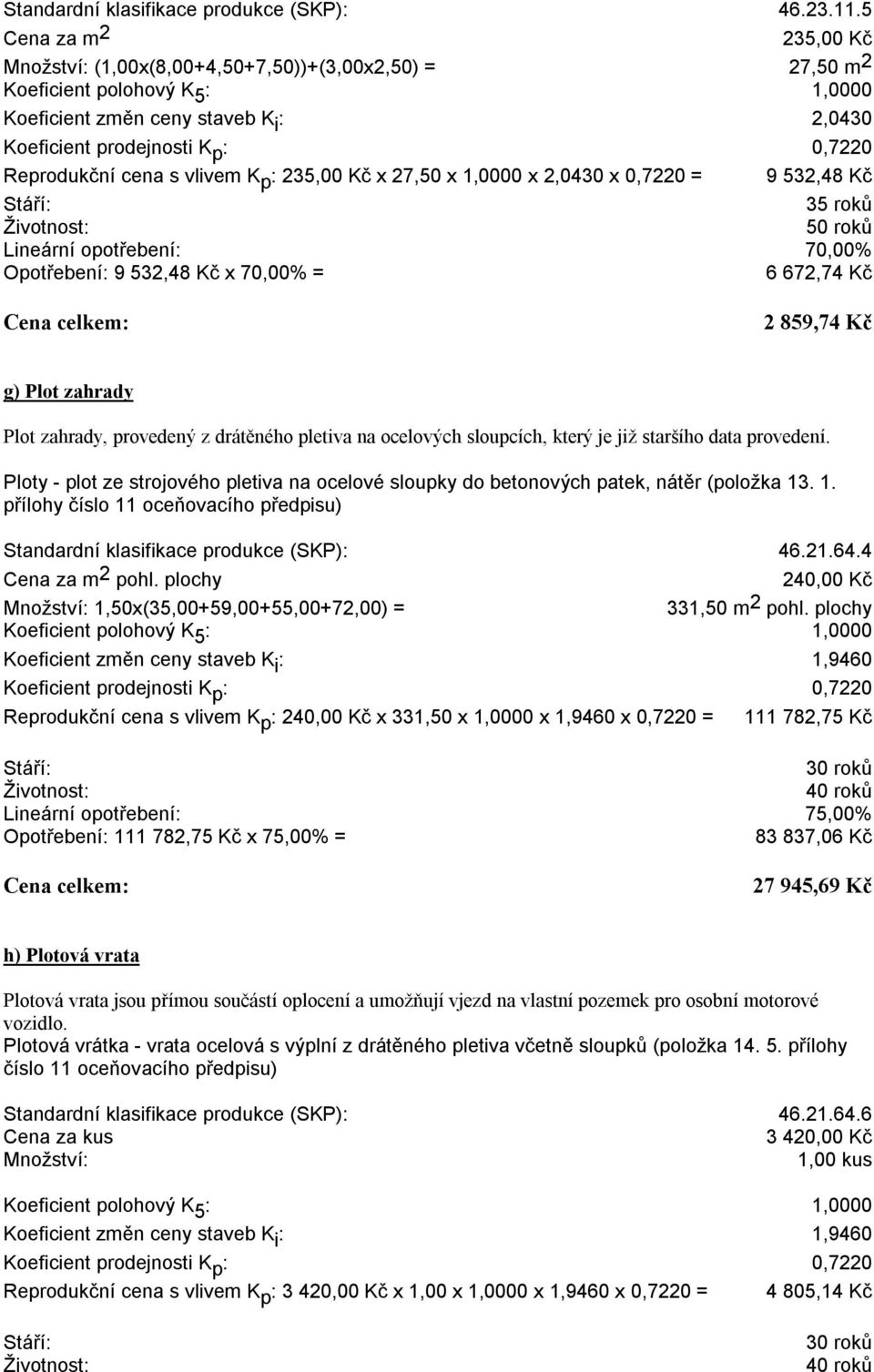 = 9 532,48 Kč 35 roků 50 roků Lineární opotřebení: 70,00% Opotřebení: 9 532,48 Kč x 70,00% = 6 672,74 Kč 2 859,74 Kč g) Plot zahrady Plot zahrady, provedený z drátěného pletiva na ocelových