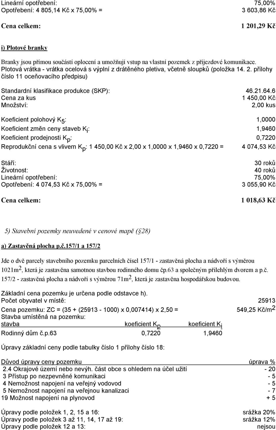 6 Cena za kus 1 450,00 Kč Množství: 2,00 kus Koeficient změn ceny staveb K i : 1,9460 Reprodukční cena s vlivem K p : 1 450,00 Kč x 2,00 x 1,0000 x 1,9460 x 0,7220 = 4 074,53 Kč 30 roků 40 roků