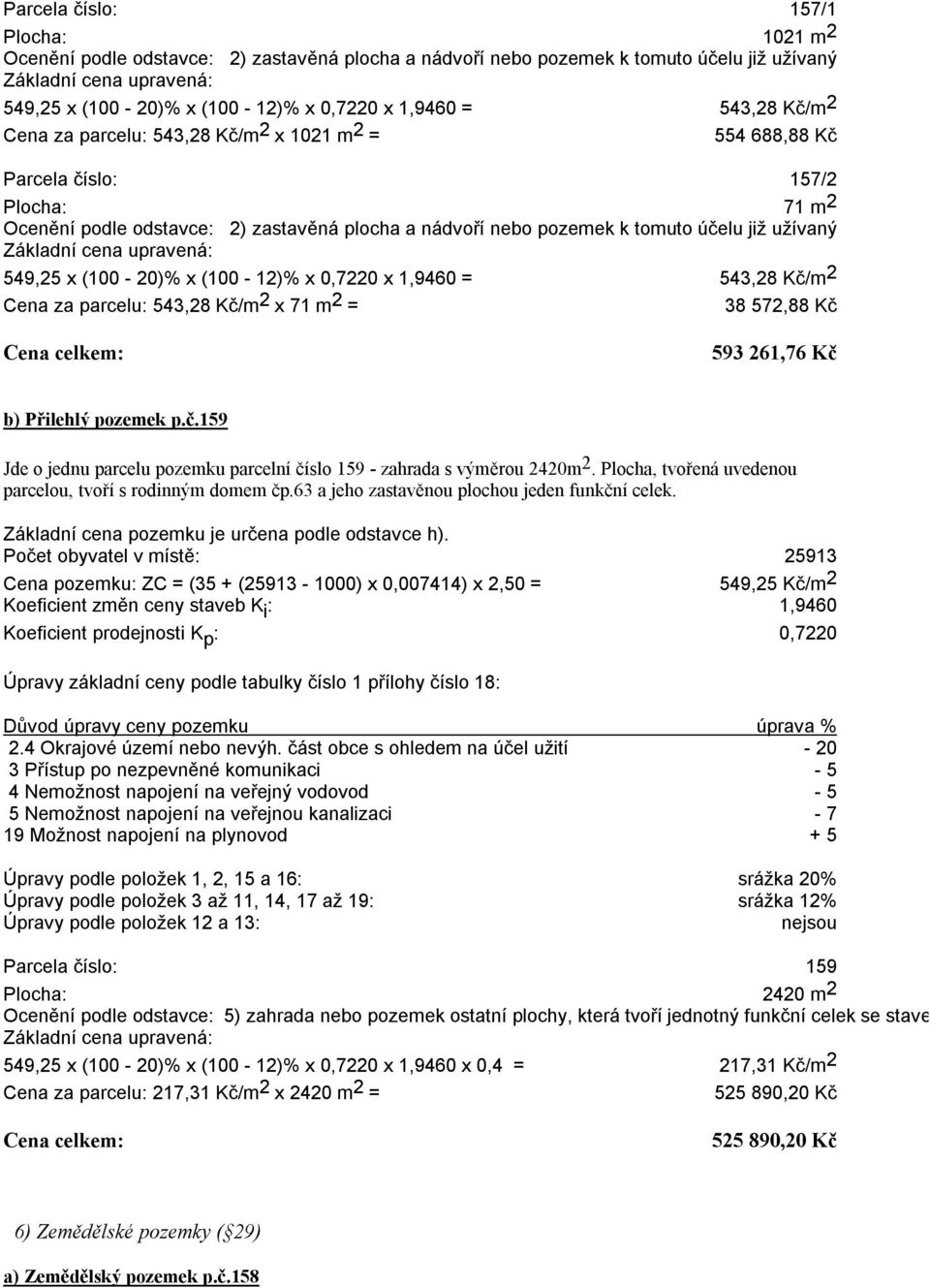 již užívaný Základní cena upravená: 549,25 x (100-20)% x (100-12)% x 0,7220 x 1,9460 = 543,28 Kč/m 2 Cena za parcelu: 543,28 Kč/m 2 x 71 m 2 = 38 572,88 Kč 593 261,76 Kč b) Přilehlý pozemek p.č.159 Jde o jednu parcelu pozemku parcelní číslo 159 - zahrada s výměrou 2420m 2.