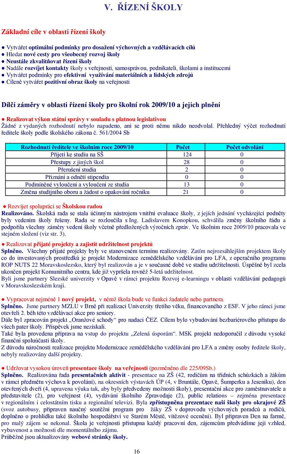 obraz školy na veřejnosti Dílčí záměry v oblasti řízení školy pro školní rok 2009/10 a jejich plnění Realizovat výkon státní správy v souladu s platnou legislativou Žádné z vydaných rozhodnutí nebylo