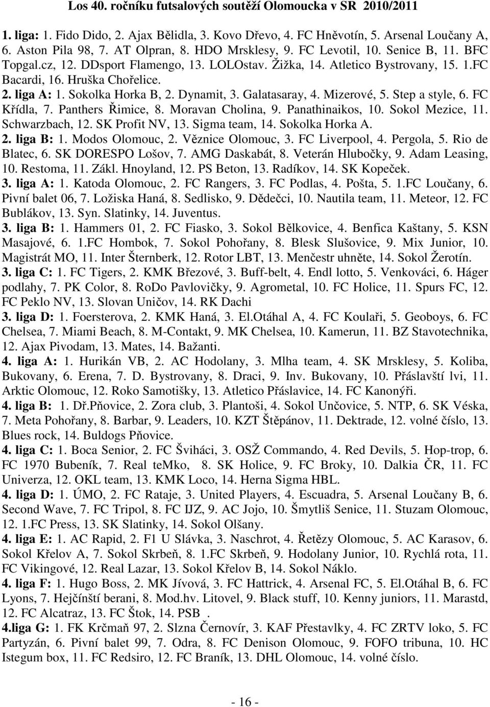 Sokolka Horka B, 2. Dynamit, 3. Galatasaray, 4. Mizerové, 5. Step a style, 6. FC Křídla, 7. Panthers Řimice, 8. Moravan Cholina, 9. Panathinaikos, 10. Sokol Mezice, 11. Schwarzbach, 12.