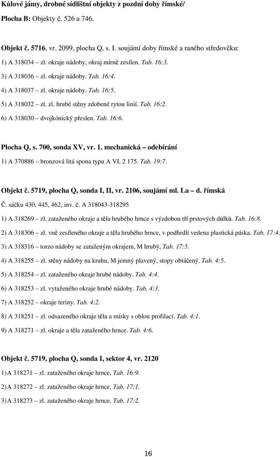 6) A 318030 dvojkónický přeslen. Tab. 16:6. Plocha Q, s. 700, sonda XV, vr. 1. mechanická odebírání 1) A 370886 bronzová litá spona typu A VI, 2 175. Tab. 19:7. Objekt č.