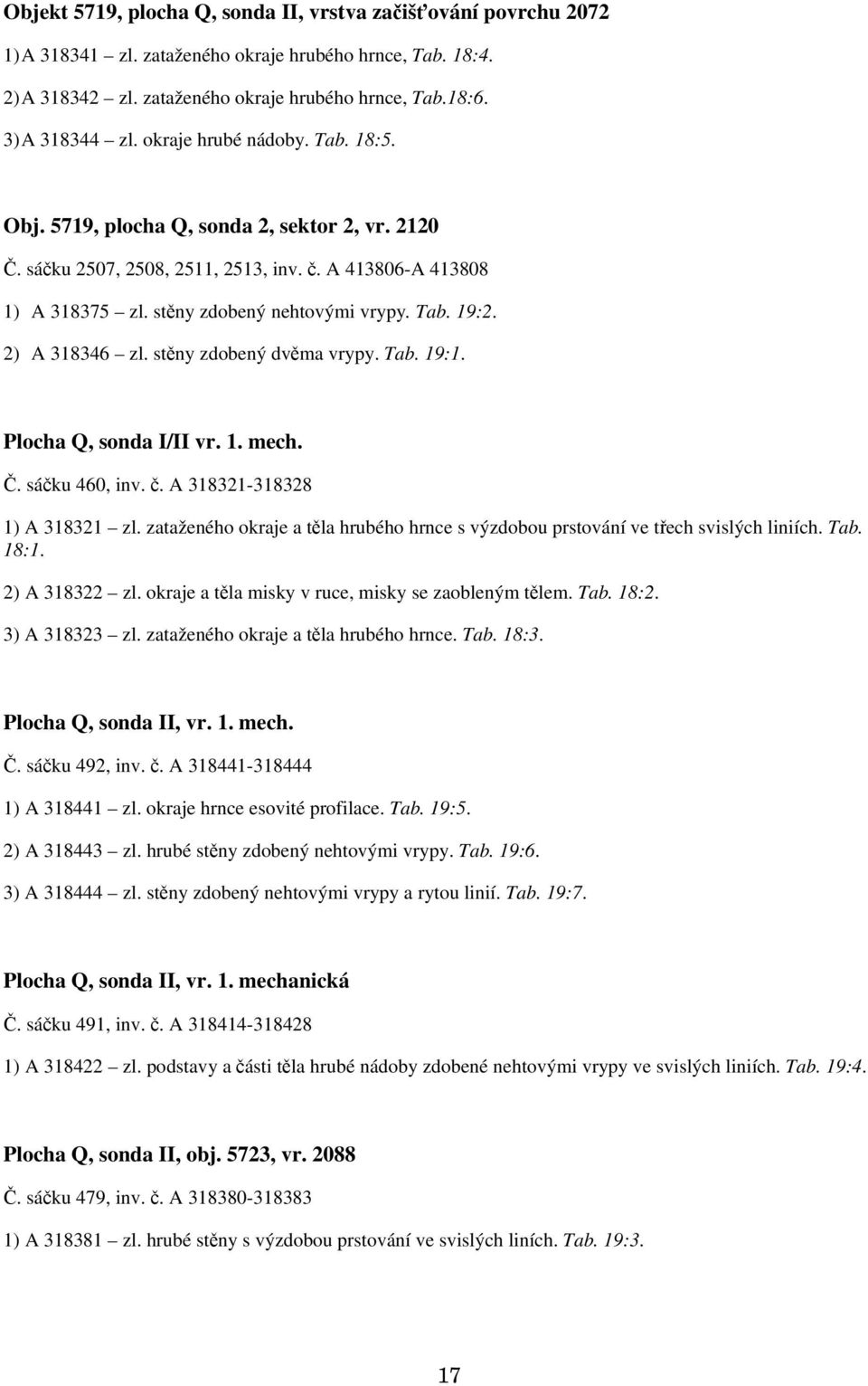 2) A 318346 zl. stěny zdobený dvěma vrypy. Tab. 19:1. Plocha Q, sonda I/II vr. 1. mech. Č. sáčku 460, inv. č. A 318321-318328 1) A 318321 zl.