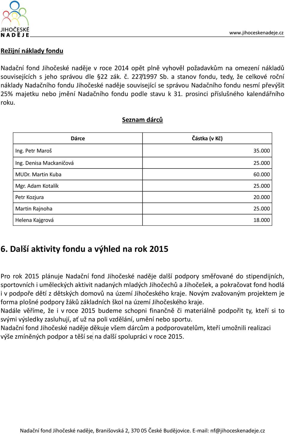 prosinci příslušného kalendářního roku. Seznam dárců Dárce Částka (v Kč) Ing. Petr Maroš 35.000 Ing. Denisa Mackaničová 25.000 MUDr. Martin Kuba 60.000 Mgr. Adam Kotalík 25.000 Petr Kozjura 20.