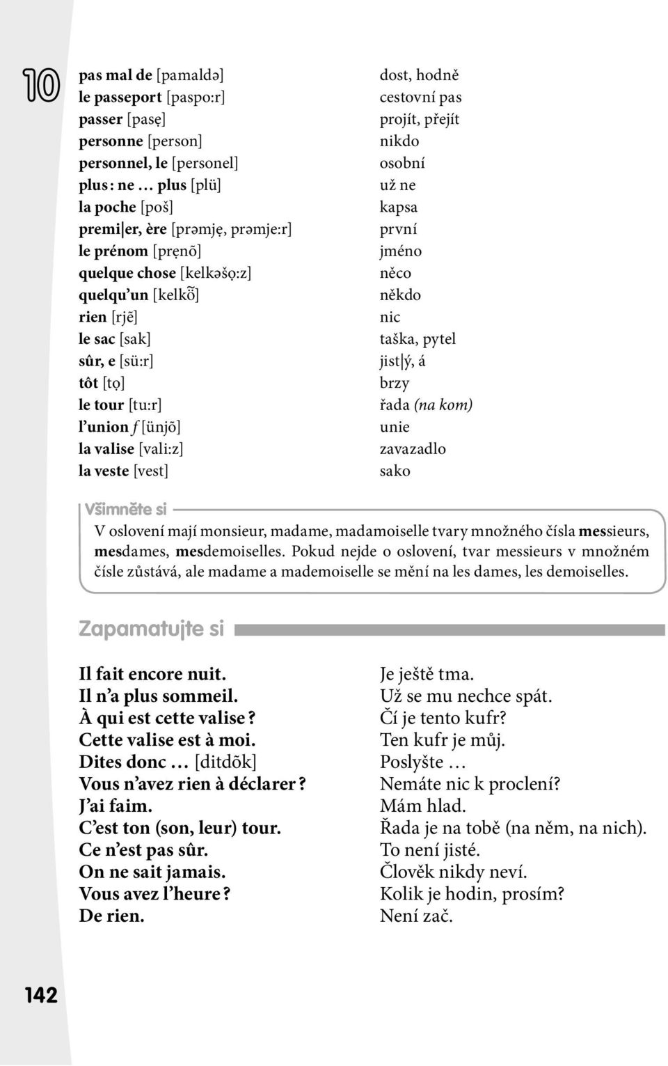 osobní už ne kapsa první jméno něco někdo nic taška, pytel jist ý, á brzy řada (na kom) unie zavazadlo sako Všimněte si V oslovení mají monsieur, madame, madamoiselle tvary množného čísla messieurs,