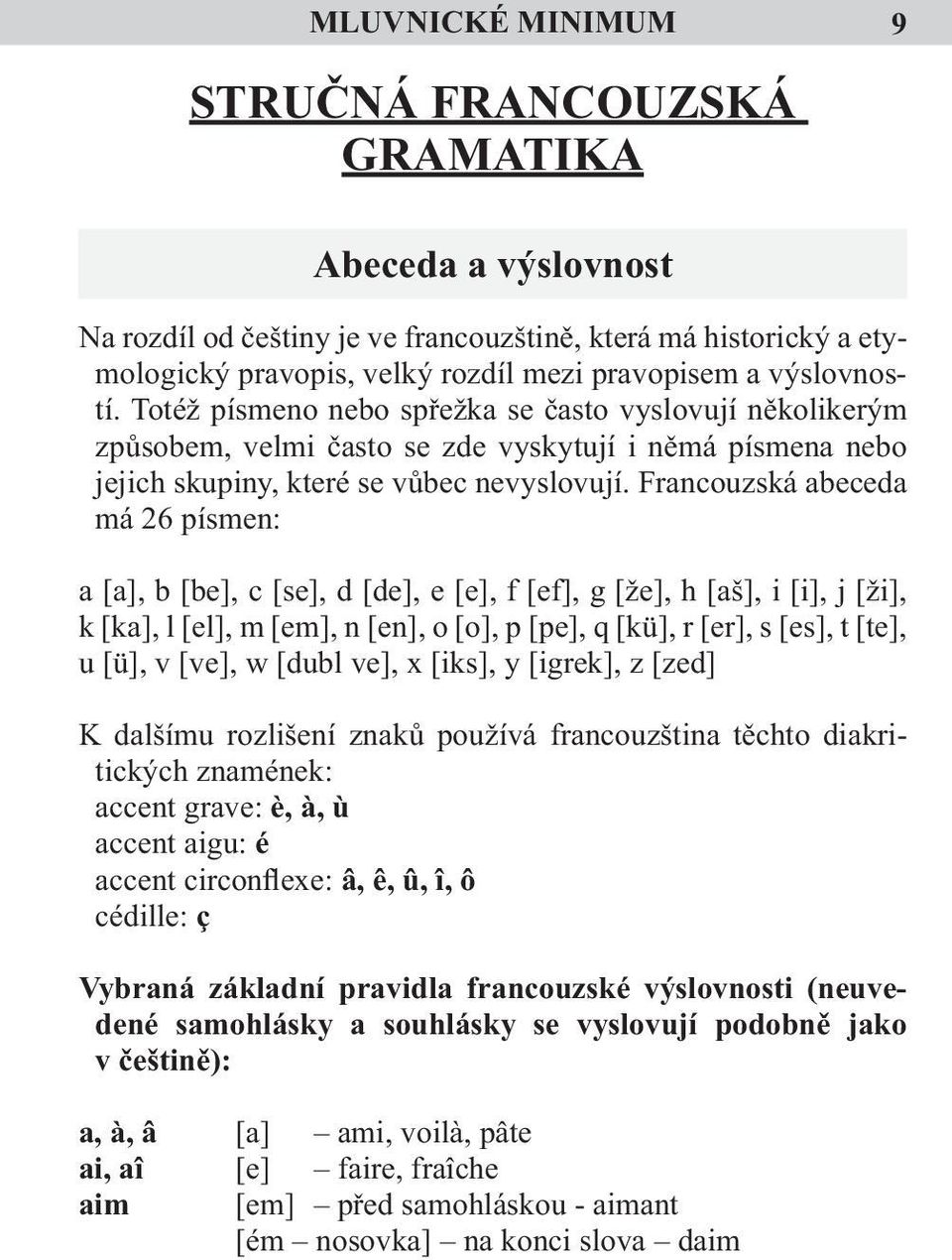 Francouzská abeceda má 26 písmen: a [a], b [be], c [se], d [de], e [e], f [ef], g [že], h [aš], i [i], j [ži], k [ka], l [el], m [em], n [en], o [o], p [pe], q [kü], r [er], s [es], t [te], u [ü], v