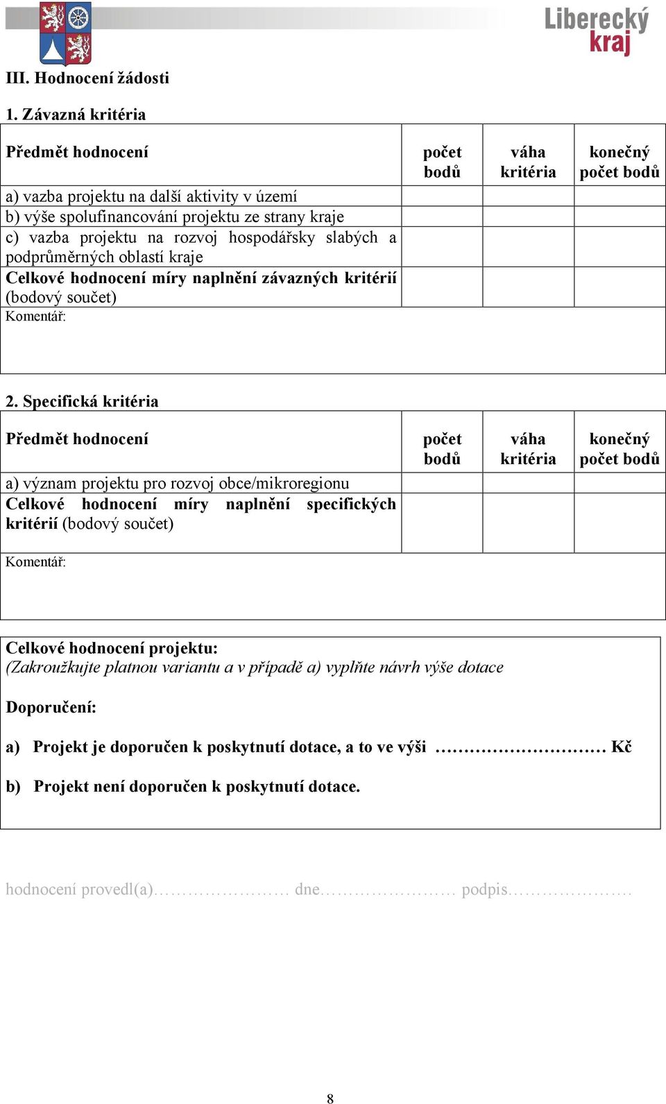 oblastí kraje Celkové hodnocení míry naplnění závazných kritérií (bodový součet) Komentář: počet bodů váha kritéria konečný počet bodů 2.