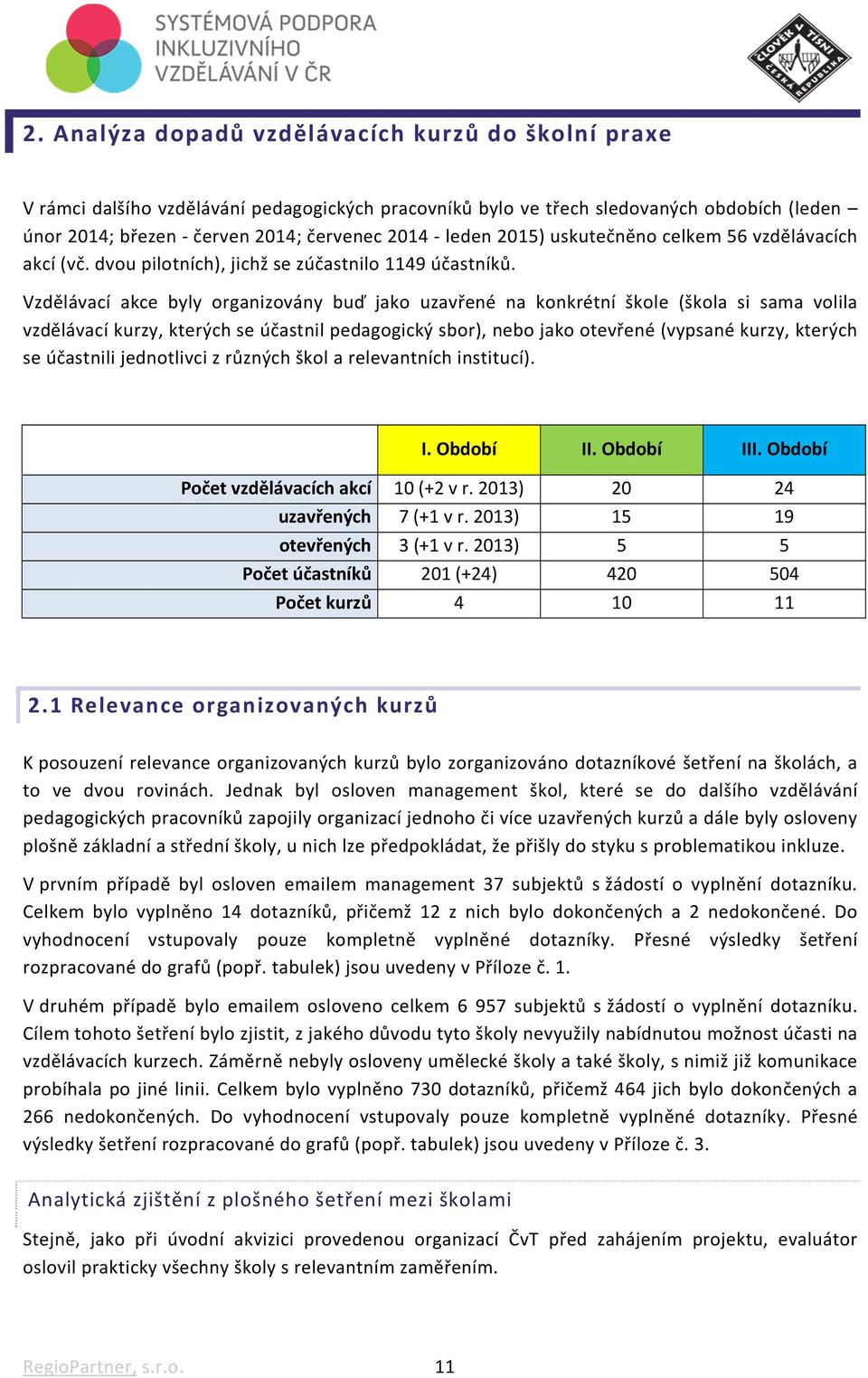 Vzdělávací akce byly organizovány buď jako uzavřené na konkrétní škole (škola si sama volila vzdělávací kurzy, kterých se účastnil pedagogický sbor), nebo jako otevřené (vypsané kurzy, kterých se