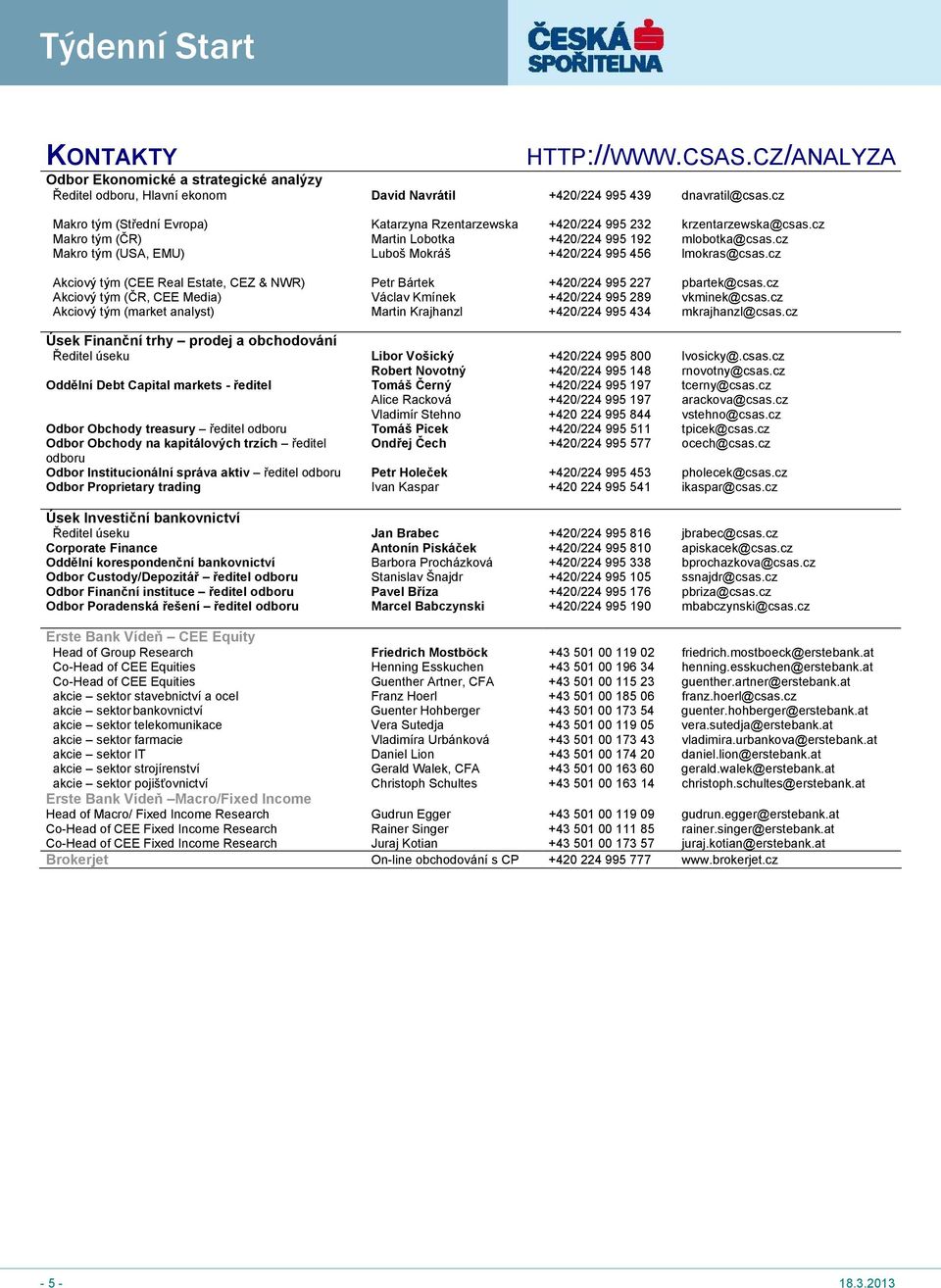 cz Makro tým (USA, EMU) Luboš Mokráš +420/224 995 456 lmokras@csas.cz Akciový tým (CEE Real Estate, CEZ & NWR) Petr Bártek +420/224 995 227 pbartek@csas.