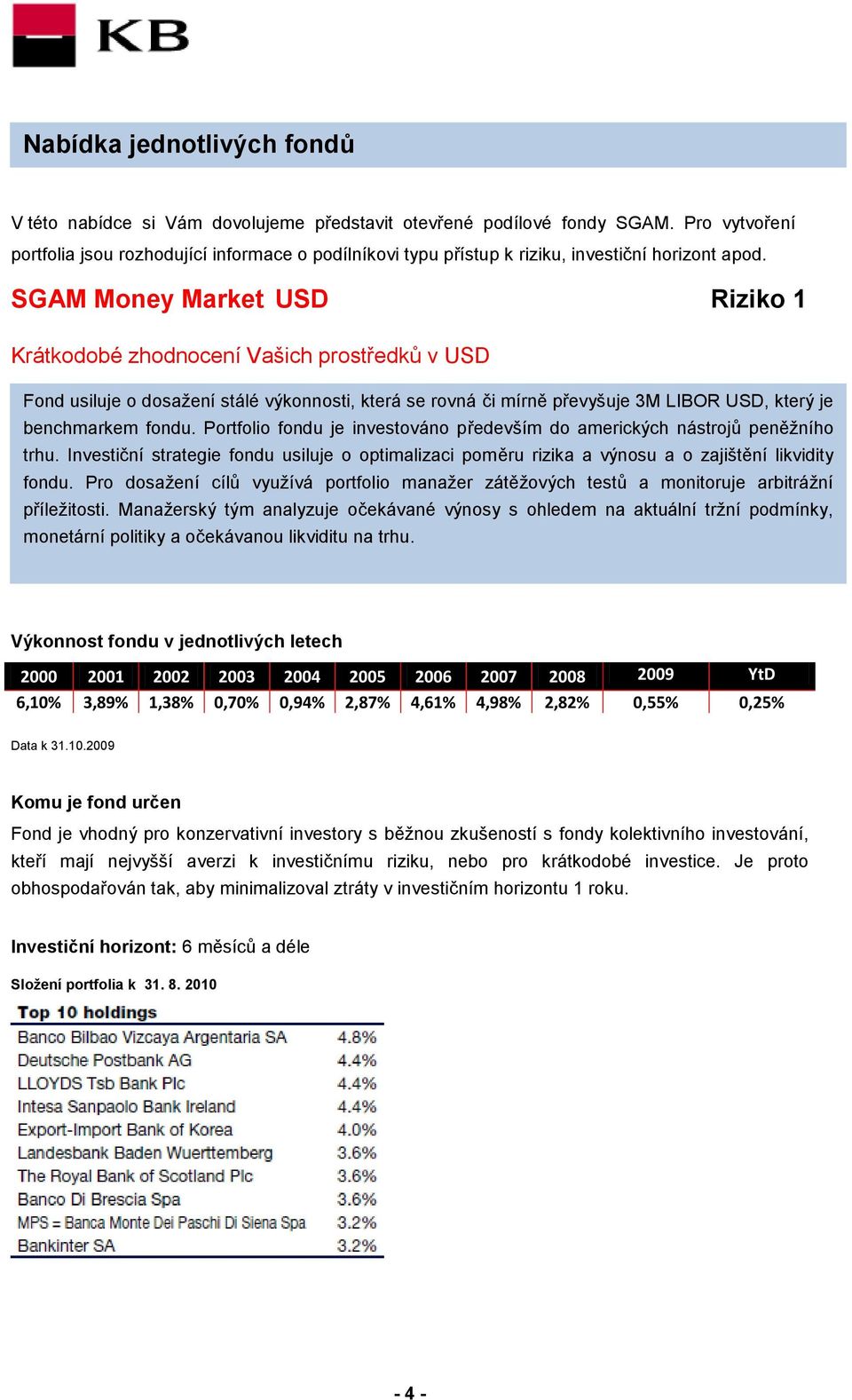 SGAM Money Market USD Riziko 1 Krátkodobé zhodnocení Vašich prostředků v USD Fond usiluje o dosažení stálé výkonnosti, která se rovná či mírně převyšuje 3M LIBOR USD, který je benchmarkem fondu.