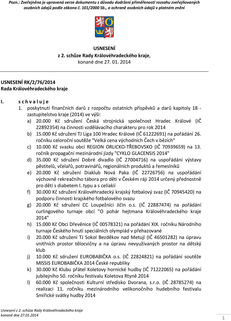 poskytnutí finančních darů z rozpočtu ostatních příspěvků a darů kapitoly 18 - zastupitelstvo kraje (2014) ve výši: a) 20.