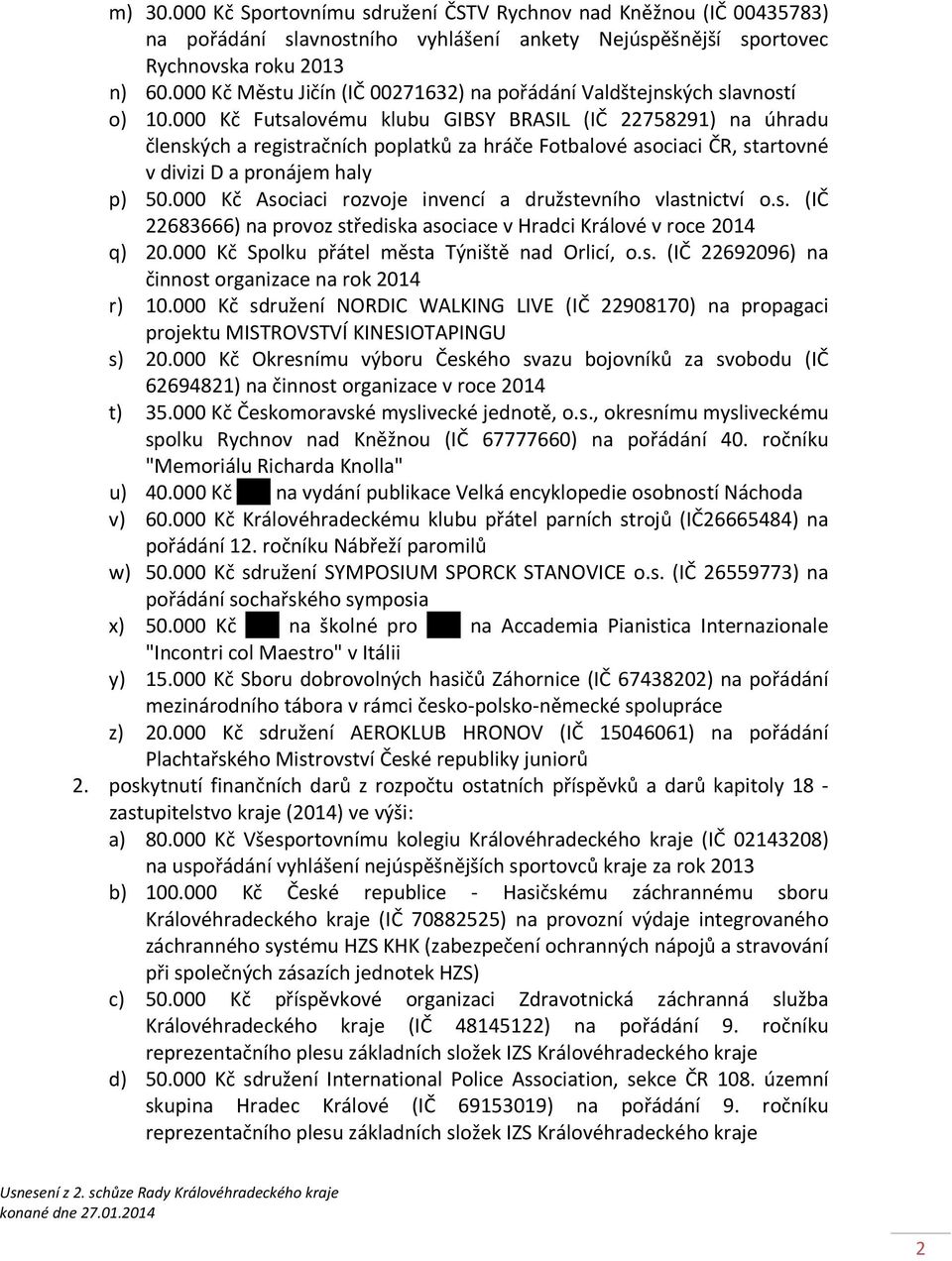 000 Kč Futsalovému klubu GIBSY BRASIL (IČ 22758291) na úhradu členských a registračních poplatků za hráče Fotbalové asociaci ČR, startovné v divizi D a pronájem haly p) 50.