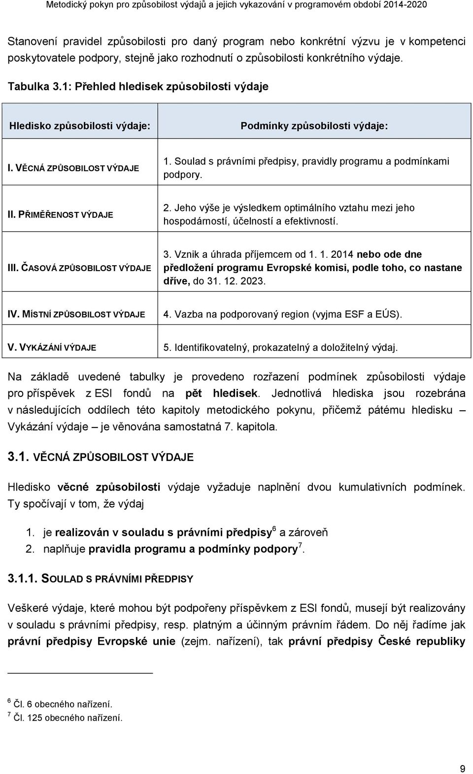 II. PŘIMĚŘENOST VÝDAJE 2. Jeho výše je výsledkem optimálního vztahu mezi jeho hospodárností, účelností a efektivností. III. ČASOVÁ ZPŮSOBILOST VÝDAJE 3. Vznik a úhrada příjemcem od 1.