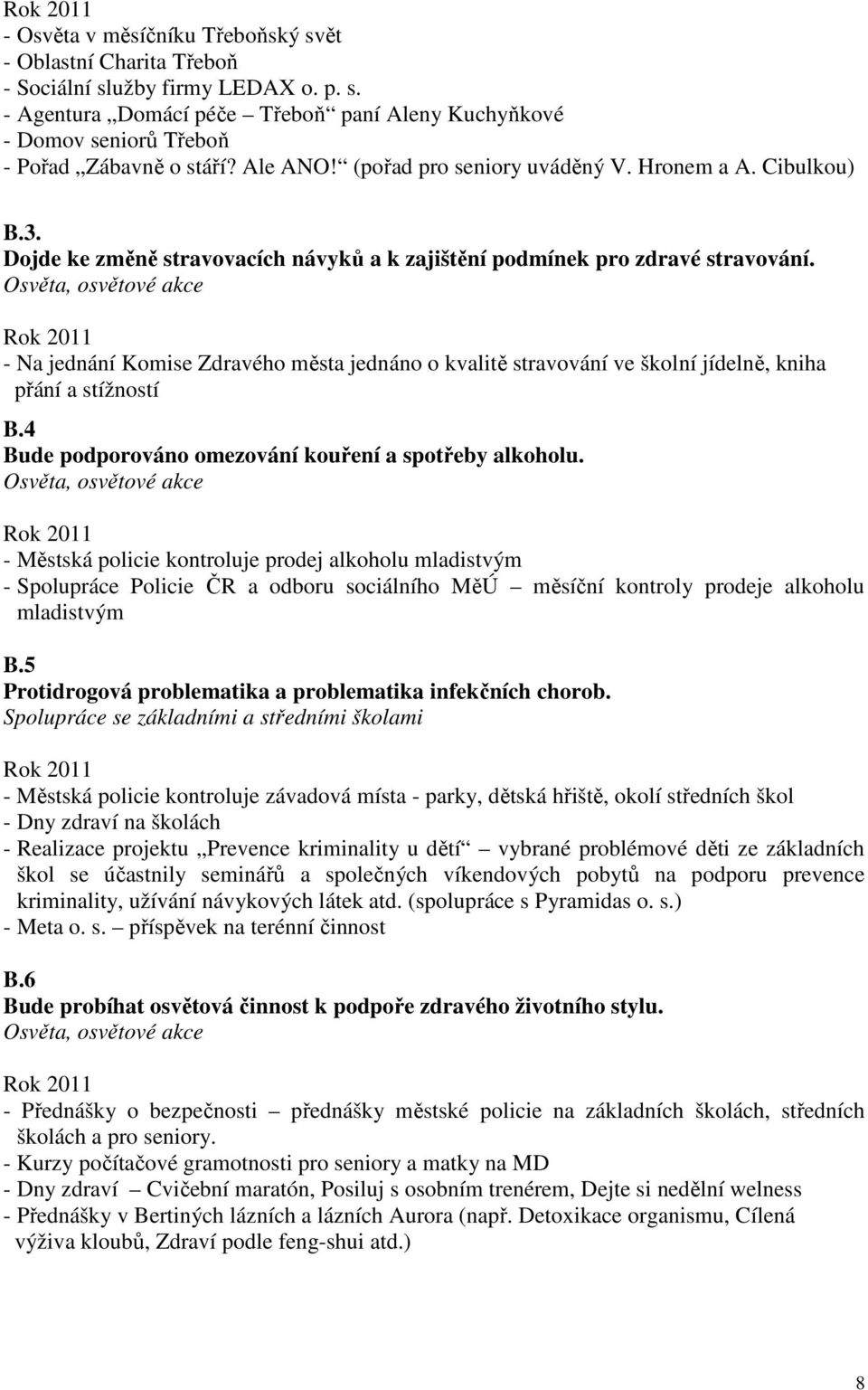 Osvěta, osvětové akce - Na jednání Komise Zdravého města jednáno o kvalitě stravování ve školní jídelně, kniha přání a stížností B.4 Bude podporováno omezování kouření a spotřeby alkoholu.