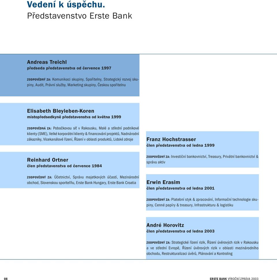 Českou spořitelnu Elisabeth Bleyleben-Koren místopředsedkyně představenstva od května 1999 ZODPOVĚDNÁ ZA: Pobočkovou síť v Rakousku, Malé a střední podnikové klienty (SME), Velké korporátní klienty &