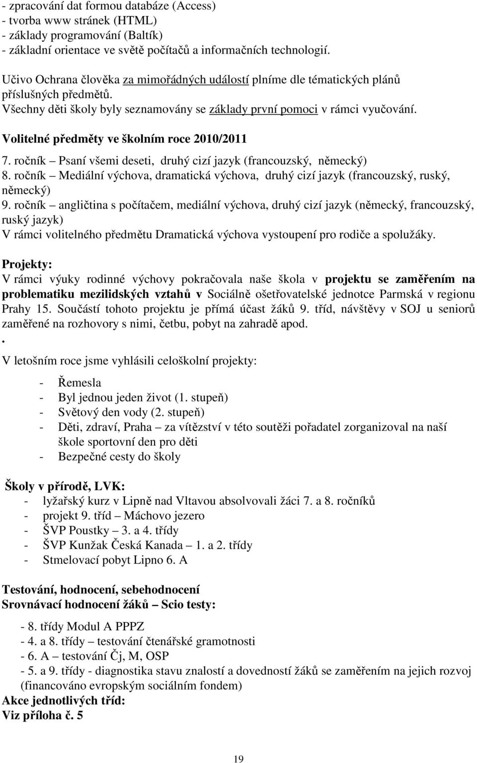 Volitelné předměty ve školním roce 2010/2011 7. ročník Psaní všemi deseti, druhý cizí jazyk (francouzský, německý) 8.