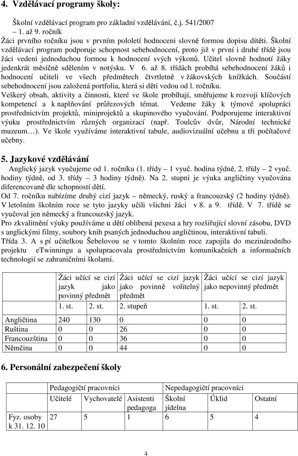 Učitel slovně hodnotí žáky jedenkrát měsíčně sdělením v notýsku. V 6. až 8. třídách probíhá sebehodnocení žáků i hodnocení učiteli ve všech předmětech čtvrtletně v žákovských knížkách.