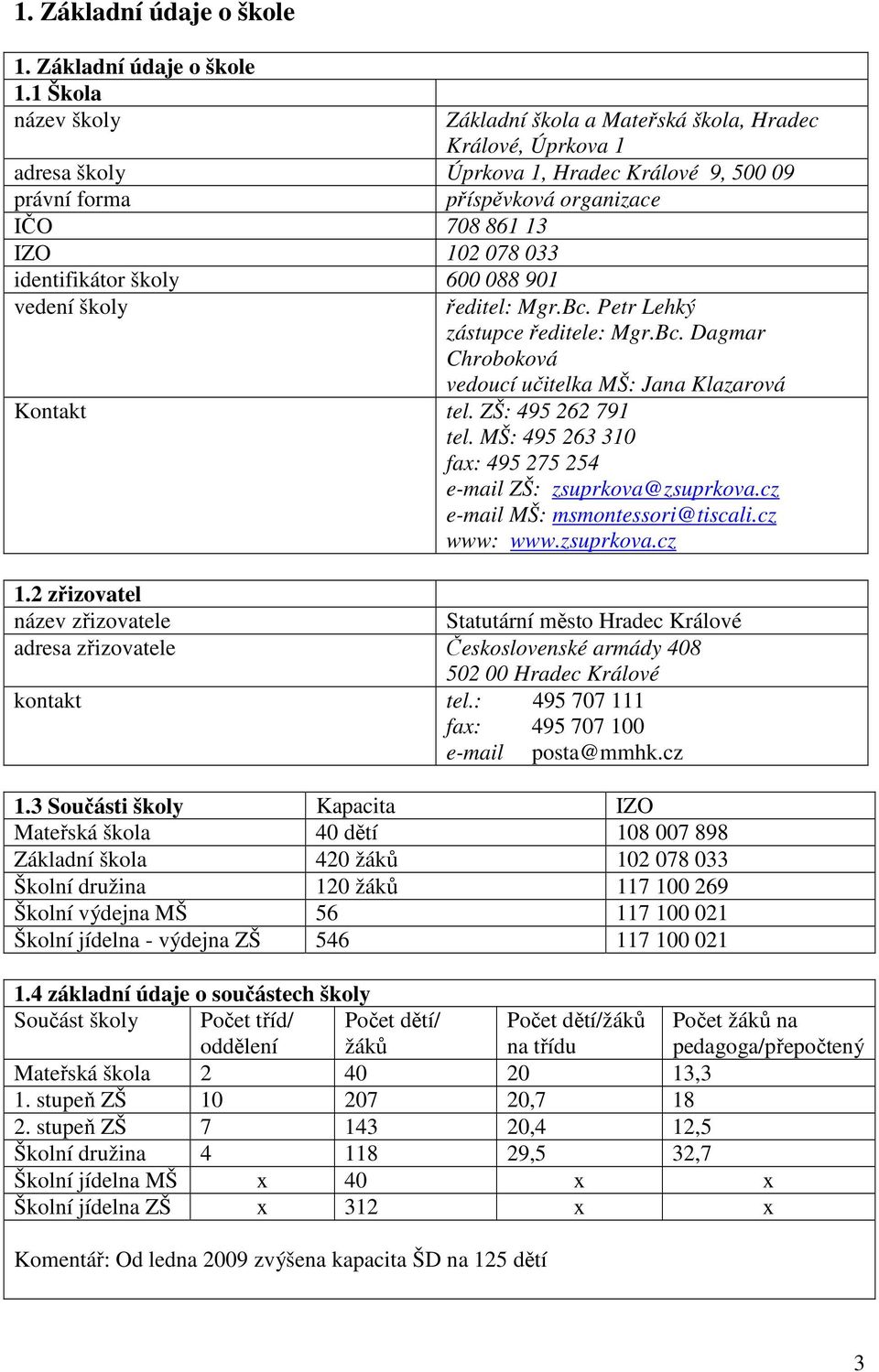 1 Škola název školy Základní škola a Mateřská škola, Hradec Králové, Úprkova 1 adresa školy Úprkova 1, Hradec Králové 9, 500 09 právní forma příspěvková organizace IČO 708 861 13 IZO 102 078 033