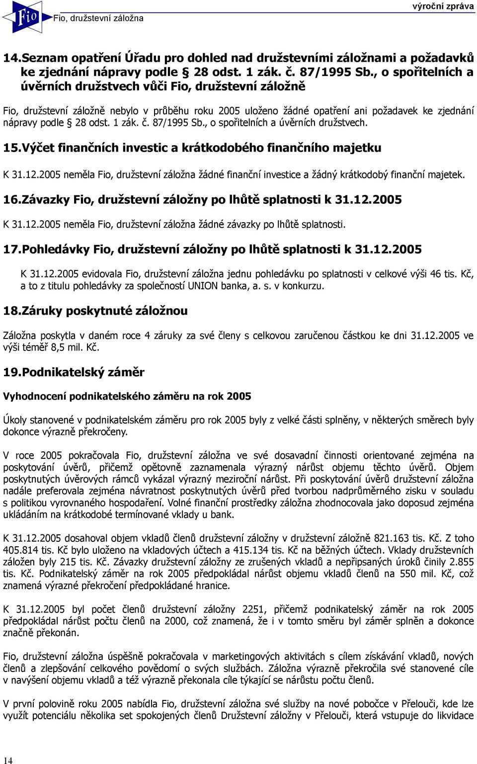 87/1995 Sb., o spořitelních a úvěrních družstvech. 15.Výčet finančních investic a krátkodobého finančního majetku K 31.12.