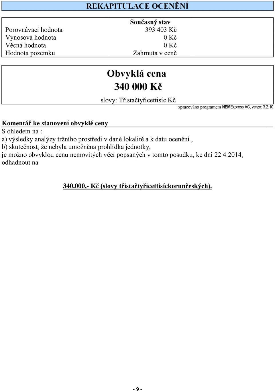 10 Komentář ke stanovení obvyklé ceny S ohledem na : a) výsledky analýzy tržního prostředí v dané lokalitě a k datu ocenění, b) skutečnost, že