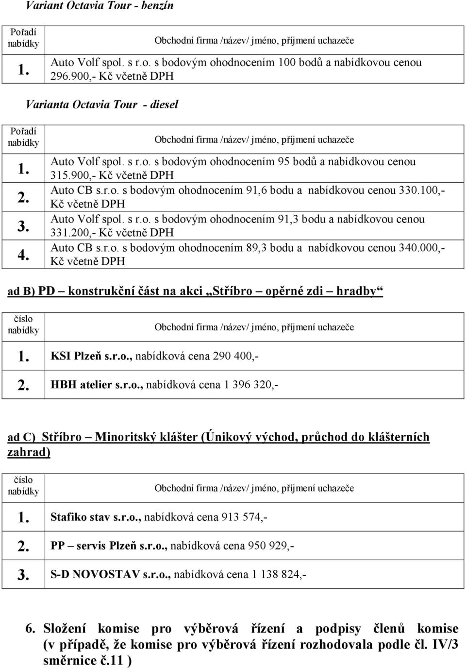 000,- ad B) PD konstrukční část na akci Stříbro opěrné zdi hradby KSI Plzeň s.r.o., nabídková cena 290 400,- 2. HBH atelier s.r.o., nabídková cena 1 396 320,- Stafiko stav s.r.o., nabídková cena 913 574,- 2.