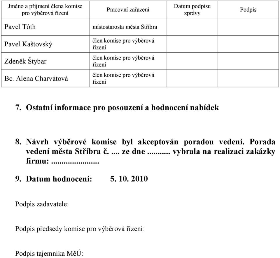 Ostatní informace pro posouzení a hodnocení nabídek 8. Návrh výběrové komise byl akceptován poradou vedení. Porada vedení města Stříbra č.... ze dne.