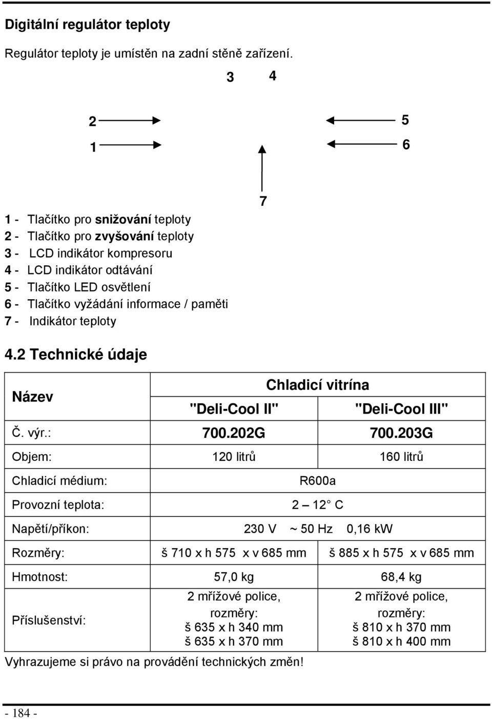 - Indikátr teplty 7 4.2 Technické údaje Název Chladicí vitrína "Deli-Cl II" "Deli-Cl III" Č. výr.: 700.202G 700.