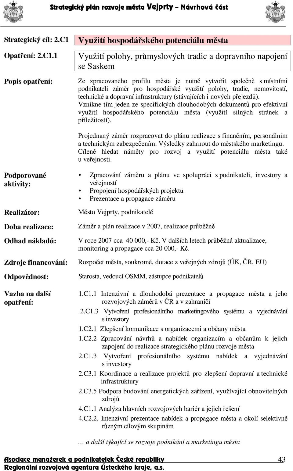 1 Využití hospodáského potenciálu msta Využití polohy, prmyslových tradic a dopravního napojení se Saskem Ze zpracovaného profilu msta je nutné vytvoit spolen s místními podnikateli zámr pro