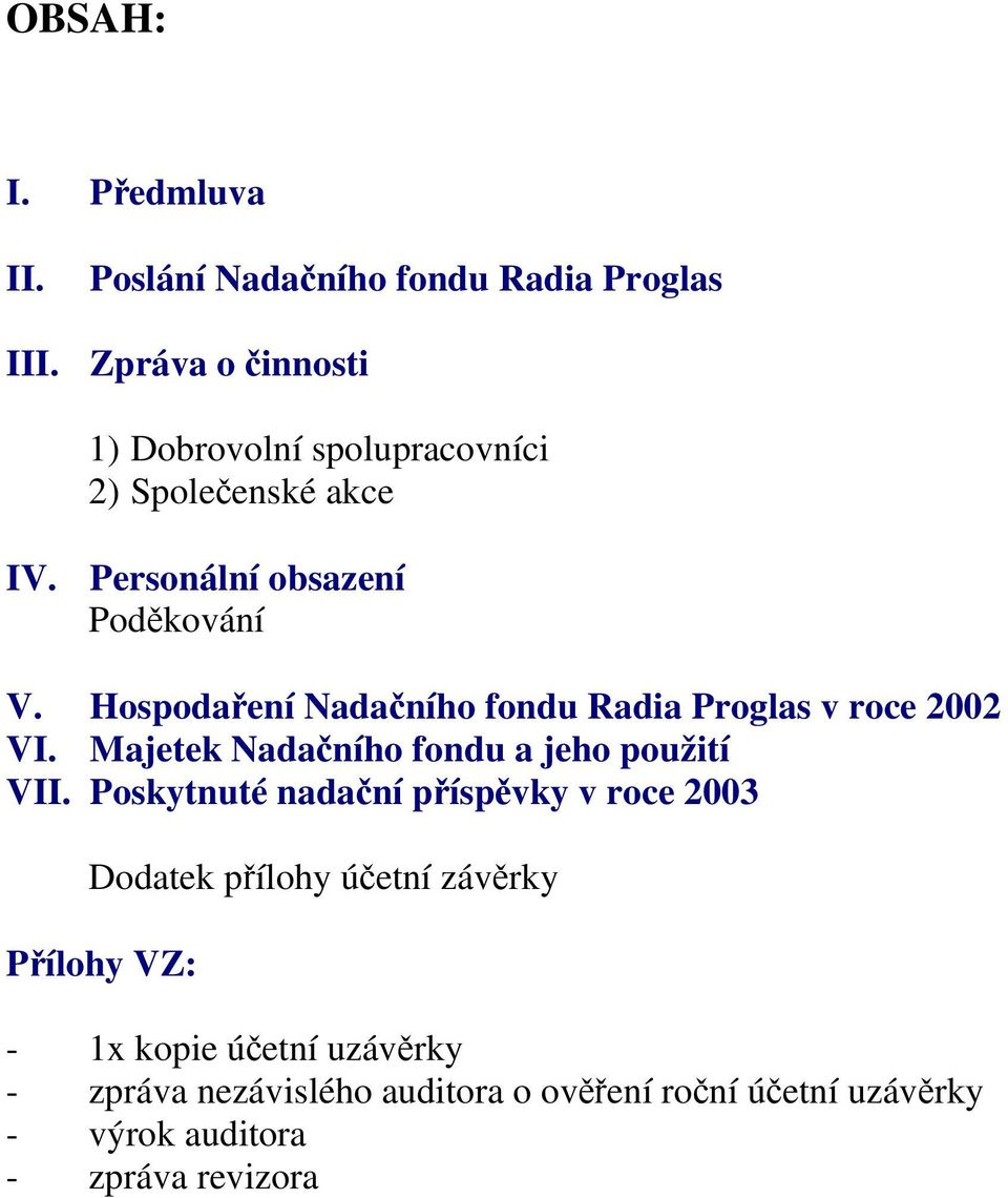 Hospodaení Nadaního fondu Radia Proglas v roce 2002 VI. Majetek Nadaního fondu a jeho použití VII.