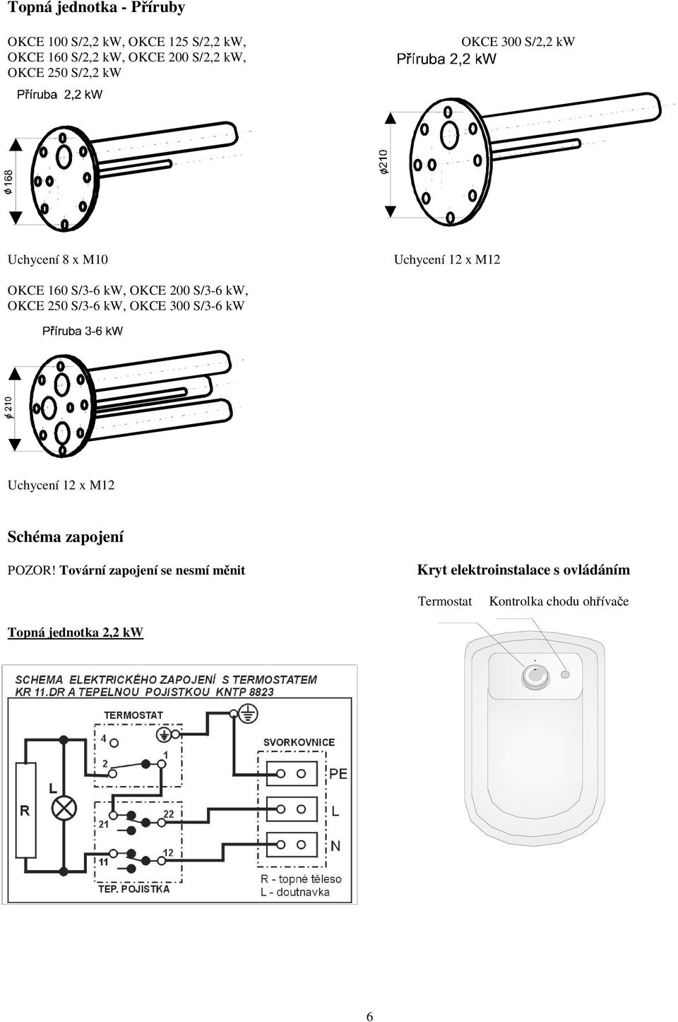 S/3-6 kw, OKCE 250 S/3-6 kw, OKCE 300 S/3-6 kw Uchycení 12 x M12 Schéma zapojení POZOR!