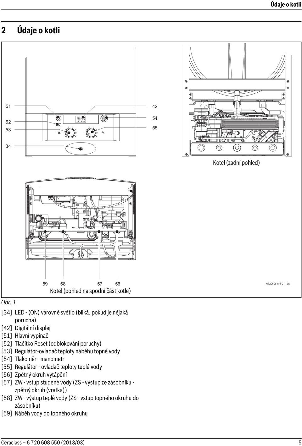 Regulátor-ovladač teploty náběhu topné vody [54] Tlakoměr - manometr [55] Regulátor - ovladač teploty teplé vody [56] Zpětný okruh vytápění [57] ZW - vstup