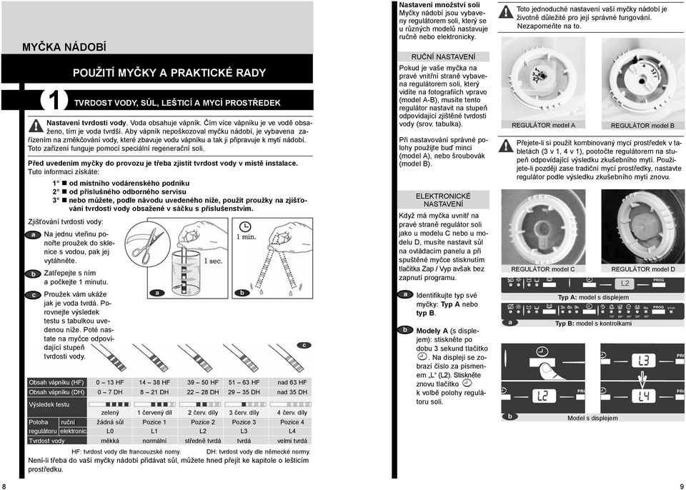 Před uvedením myčky do provozu je třeba zjistit tvrdost vody v místě instalace.